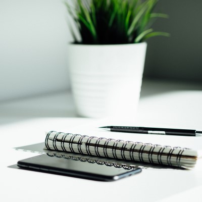 Notepad phone and plant on a desk